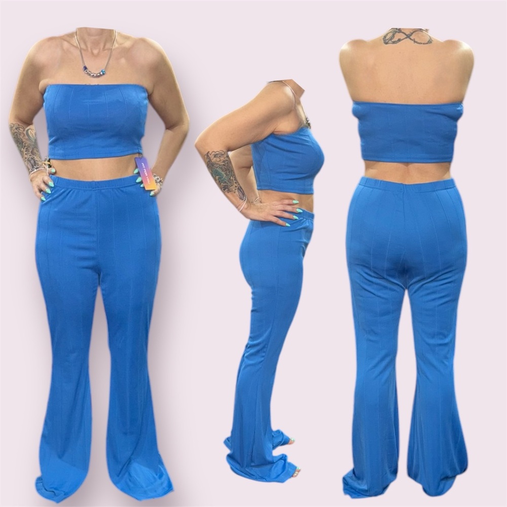 Blue Women's Strapless Bell Bottom Jumpsuit